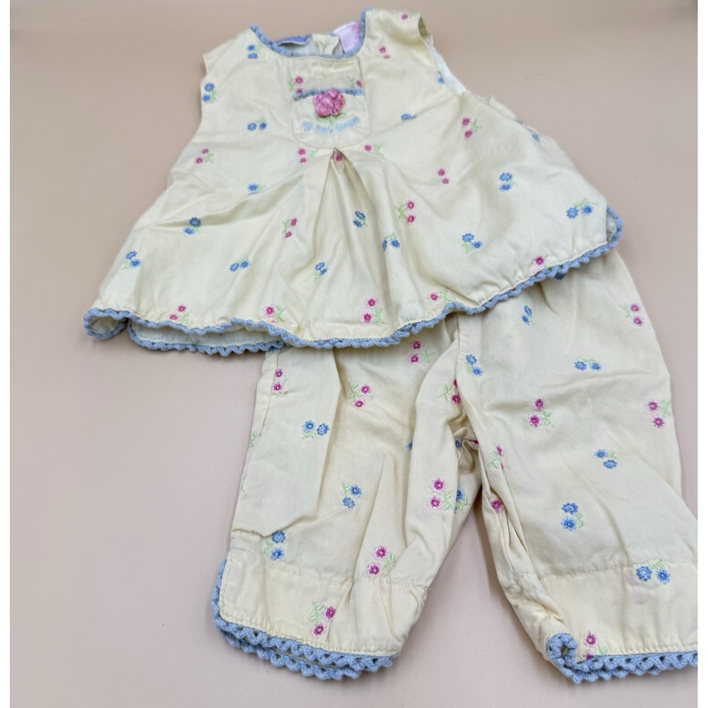 Baby Headquarters Y2K 2 Piece Outfit Baby Girl 6-9 Mo Yellow Embroidered Flowers